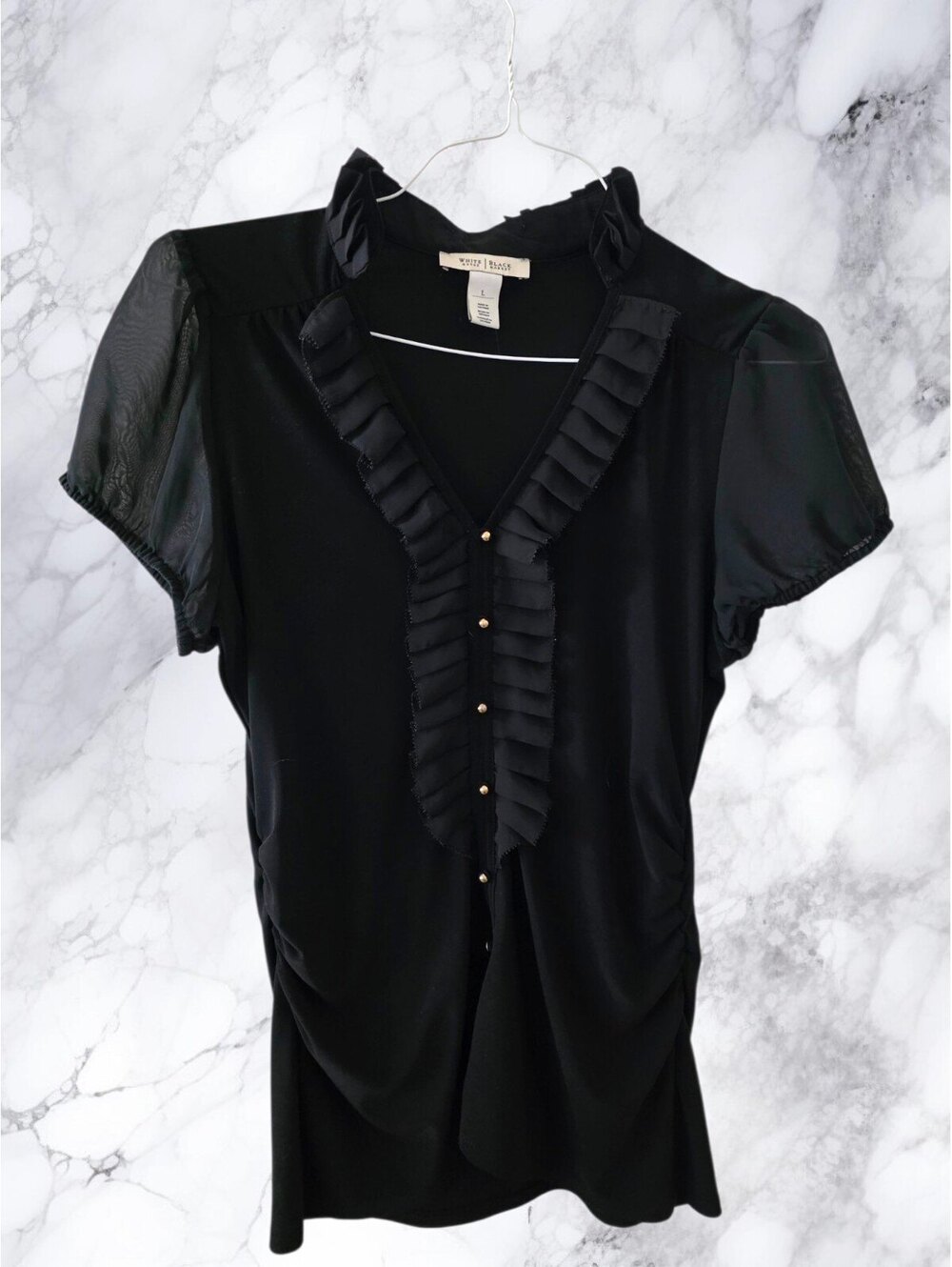 White House Black Market Women's Black Ruffle Trim Button-Up Blouse Size Large